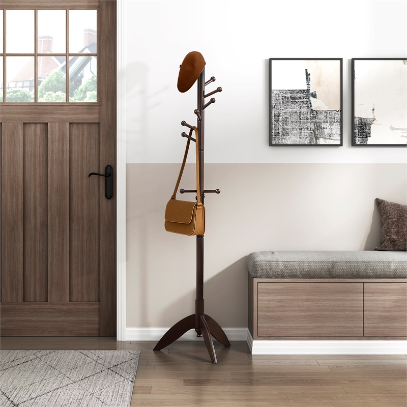 Pemberly Row Solid Wood 7-Tier Coat Rack with 11 Hooks Tripod Base in Dark Brown