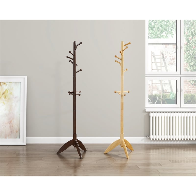 Pemberly Row Solid Wood 7-Tier Coat Rack with 11 Hooks Tripod Base in Dark Brown