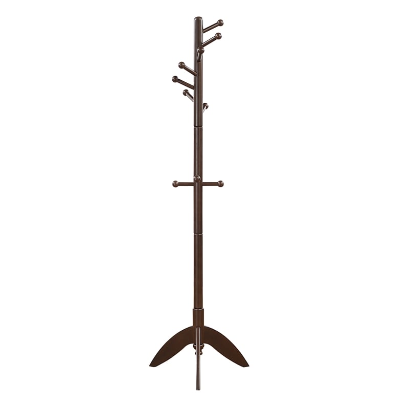 Pemberly Row Solid Wood 7-Tier Coat Rack with 11 Hooks Tripod Base in Dark Brown