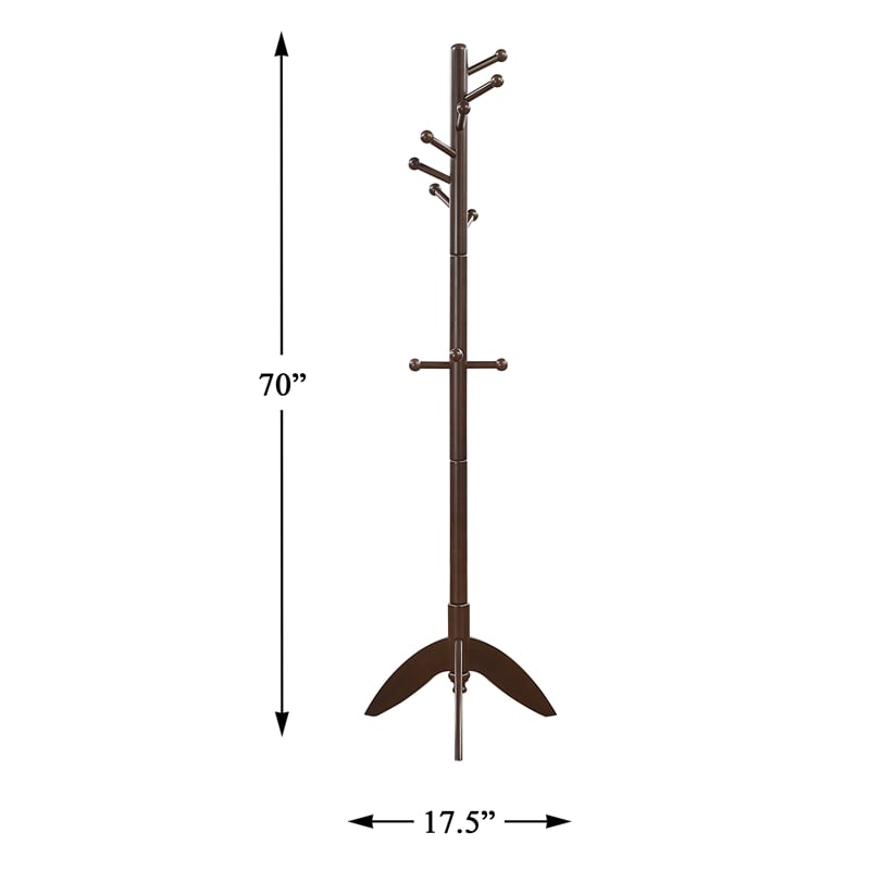 Pemberly Row Solid Wood 7-Tier Coat Rack with 11 Hooks Tripod Base in Dark Brown