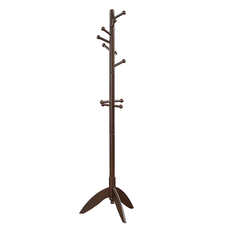 Pemberly Row Solid Wood 7-Tier Coat Rack with 11 Hooks Tripod Base in Dark Brown