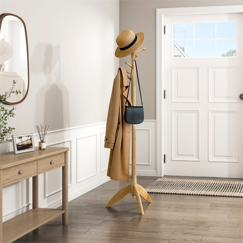 Pemberly Row Solid Wood 7-Tier Coat Rack with 11 Hooks Tripod Base in Natural