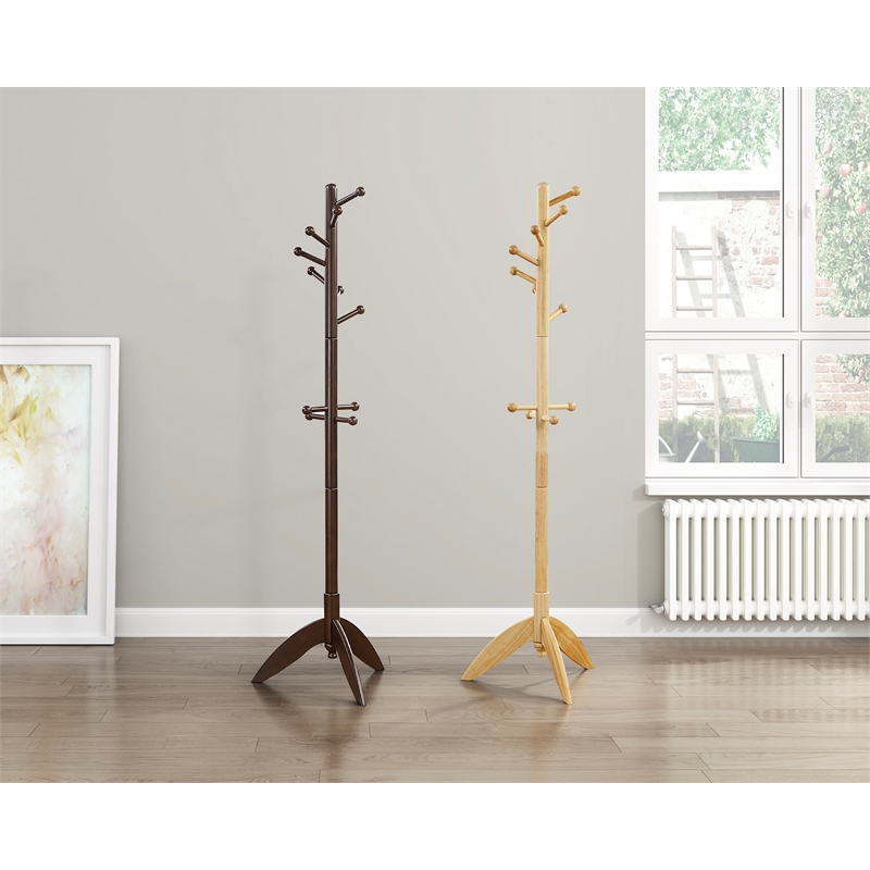 Pemberly Row Solid Wood 7-Tier Coat Rack with 11 Hooks Tripod Base in Natural