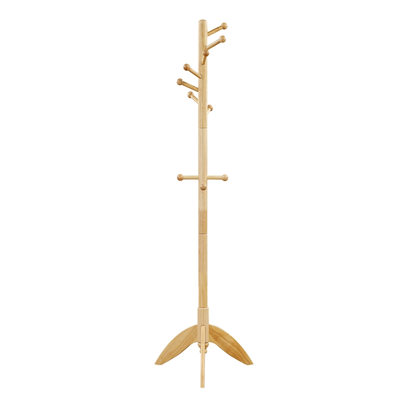 Pemberly Row Solid Wood 7-Tier Coat Rack with 11 Hooks Tripod Base in Natural
