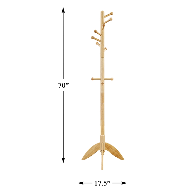 Pemberly Row Solid Wood 7-Tier Coat Rack with 11 Hooks Tripod Base in Natural