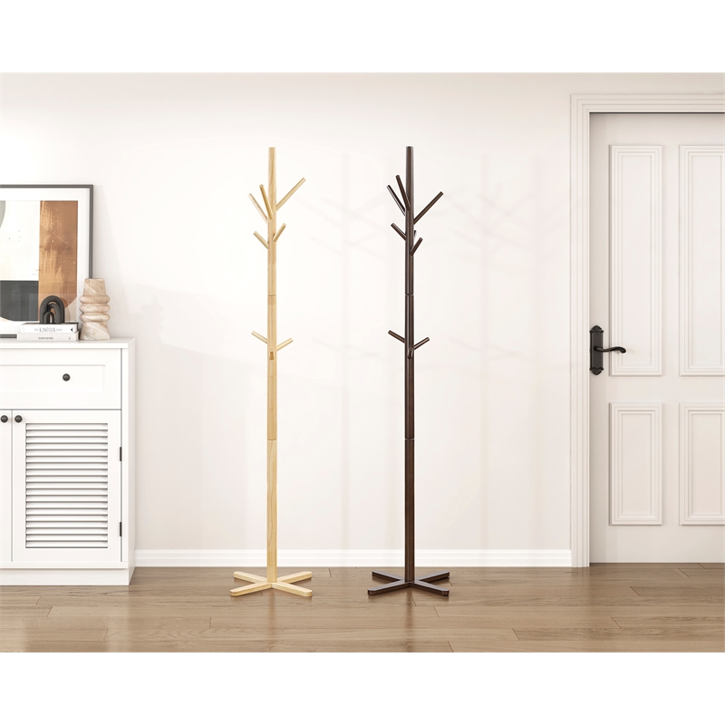 Pemberly Row Solid Wood 3-Tier Coat Rack with 9 Hooks in Dark Brown