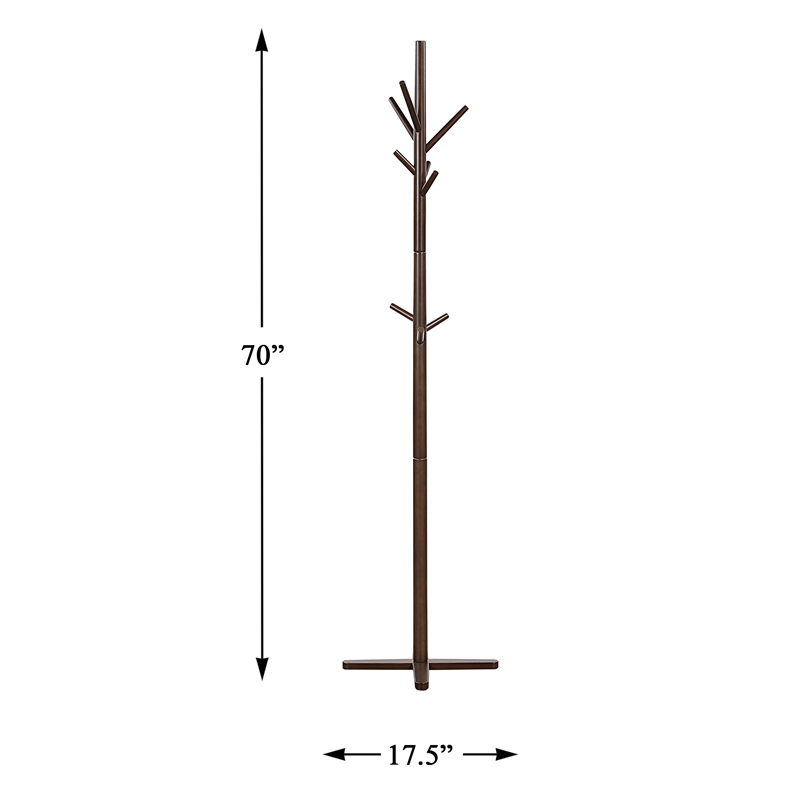 Pemberly Row Solid Wood 3-Tier Coat Rack with 9 Hooks in Dark Brown