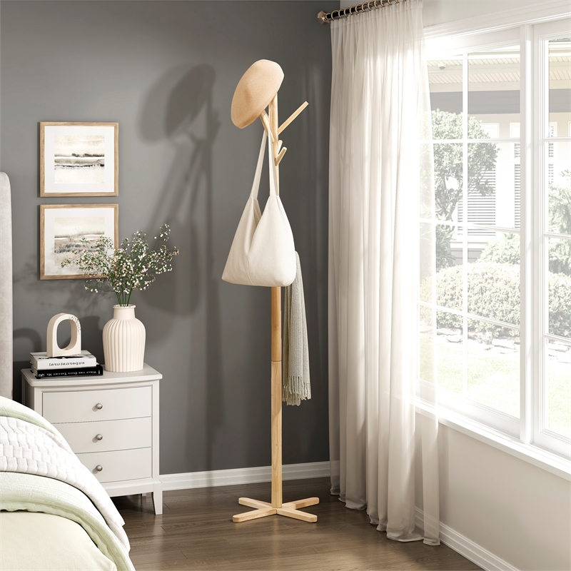 Pemberly Row Solid Wood 3-Tier Coat Rack with 9 Hooks in Natural