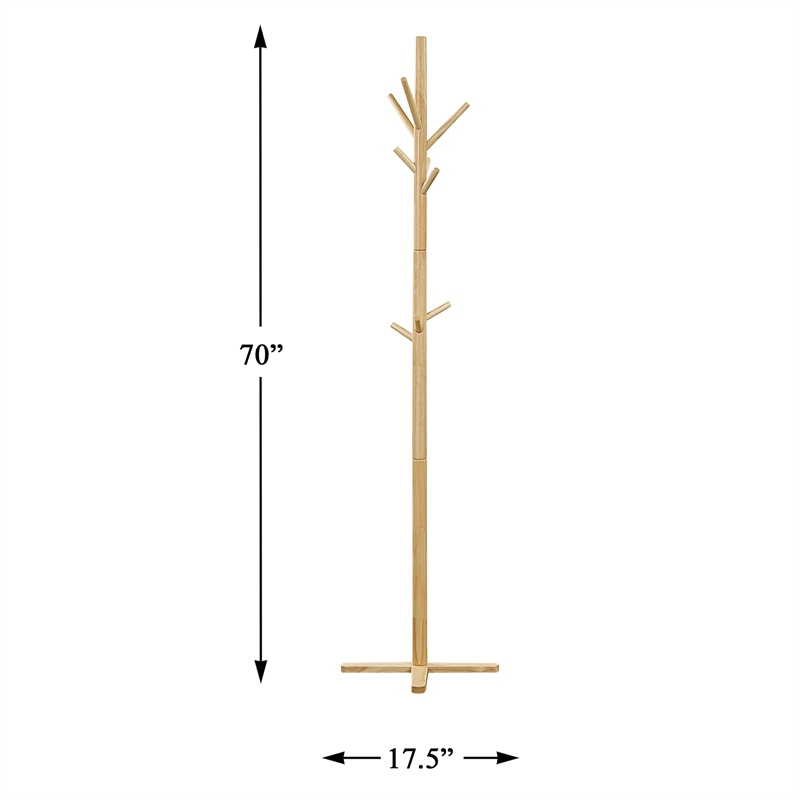 Pemberly Row Solid Wood 3-Tier Coat Rack with 9 Hooks in Natural