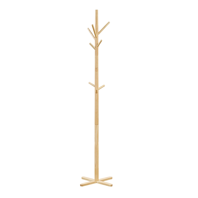 Pemberly Row Solid Wood 3-Tier Coat Rack with 9 Hooks in Natural