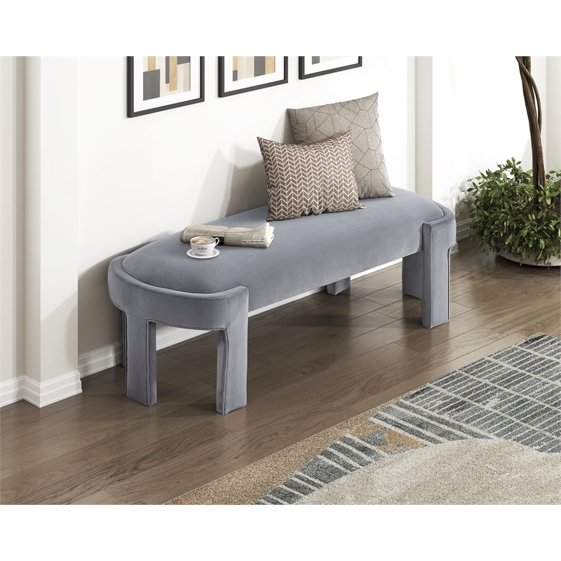 Pemberly Row Velvet Upholstered Accent Bench with Foam Cushion 300 lbs in Gray