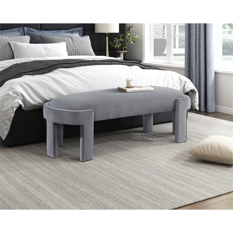 Pemberly Row Velvet Upholstered Accent Bench with Foam Cushion 300 lbs in Gray