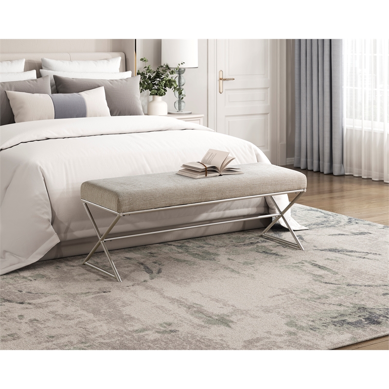 Pemberly Row Chenille Bench with X-Base Iron Frame in Champagne and Taupe