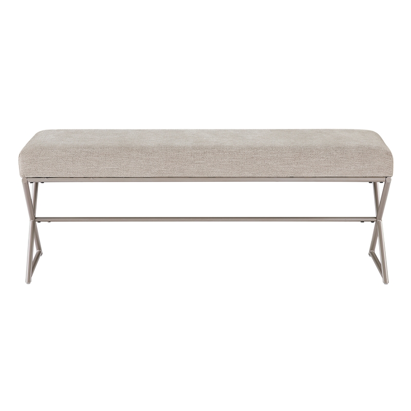Pemberly Row Chenille Bench with X-Base Iron Frame in Champagne and Taupe
