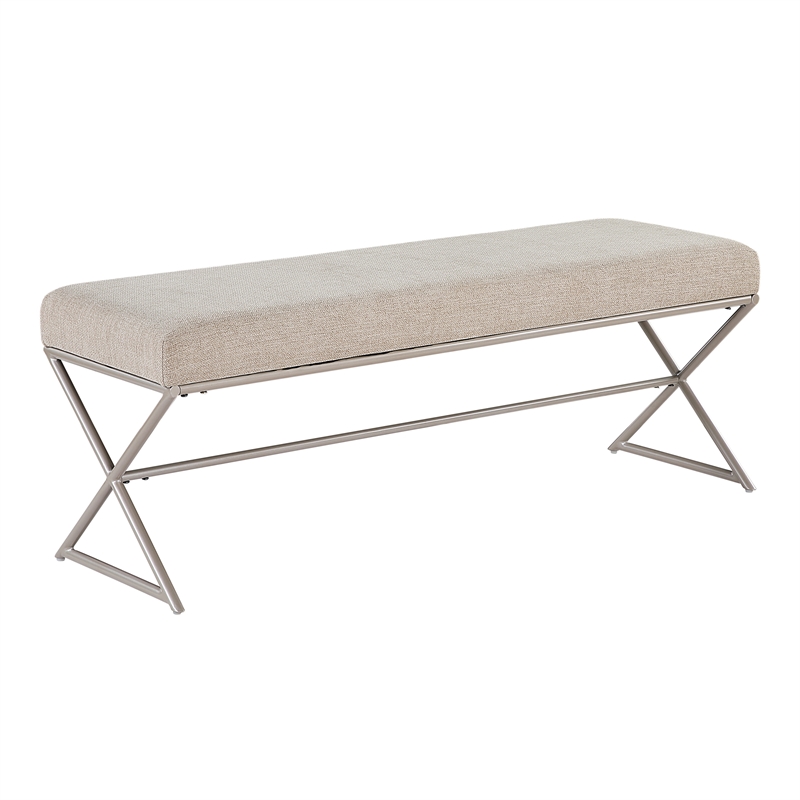 Pemberly Row Chenille Bench with X-Base Iron Frame in Champagne and Taupe