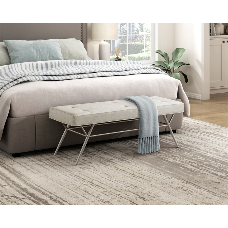 Pemberly Row Button Tufted Fabric Bench with Champagne Metal Legs in Beige