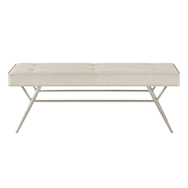 Pemberly Row Button Tufted Fabric Bench with Champagne Metal Legs in Beige