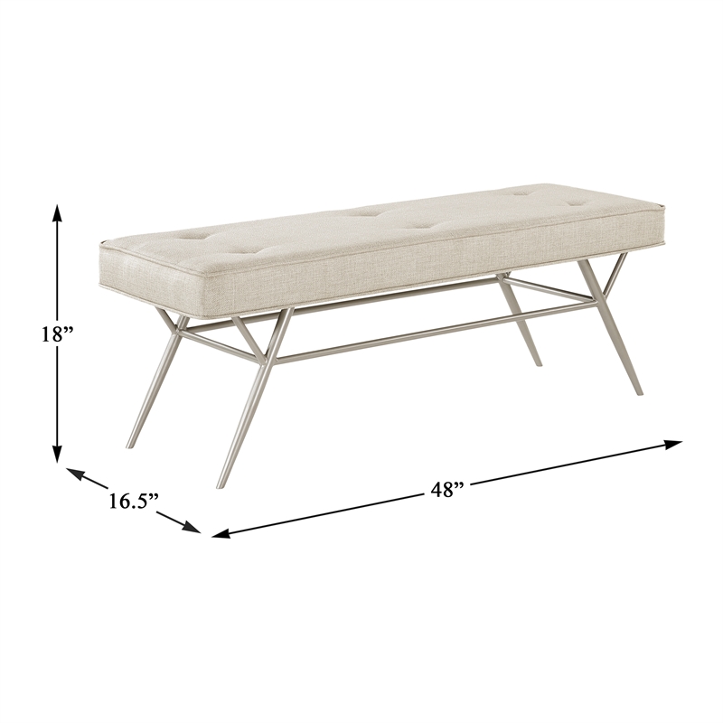 Pemberly Row Button Tufted Fabric Bench with Champagne Metal Legs in Beige