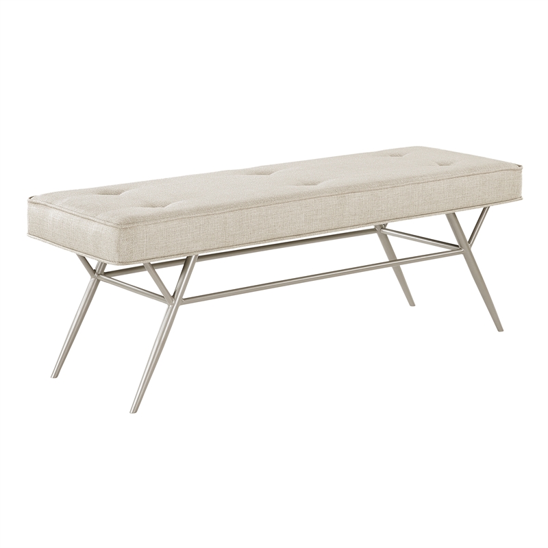 Pemberly Row Button Tufted Fabric Bench with Champagne Metal Legs in Beige