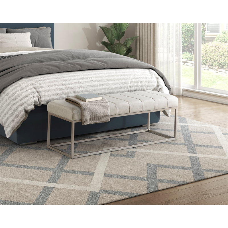 Pemberly Row Channel Tufted Fabric Bench with Champagne Metal Frame in Beige