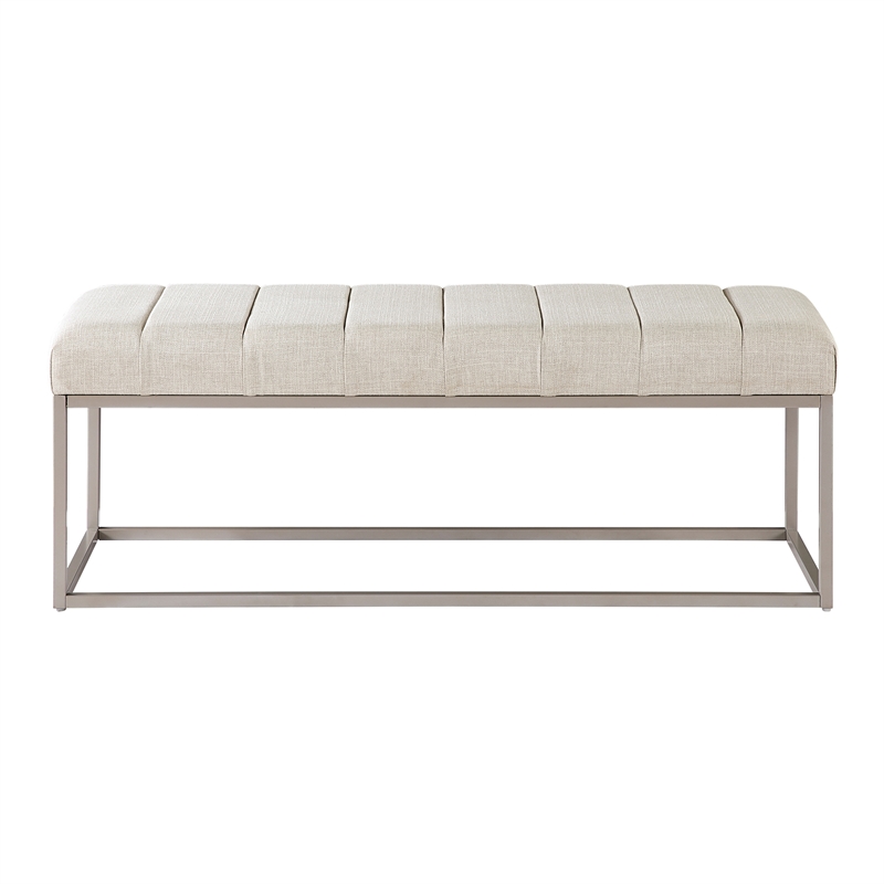 Pemberly Row Channel Tufted Fabric Bench with Champagne Metal Frame in Beige