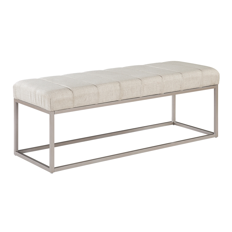 Pemberly Row Channel Tufted Fabric Bench with Champagne Metal Frame in Beige
