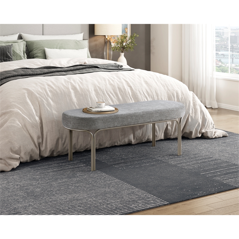 Pemberly Row Chenille Oval Bench with Champagne Metal Legs 300 lbs in Gray