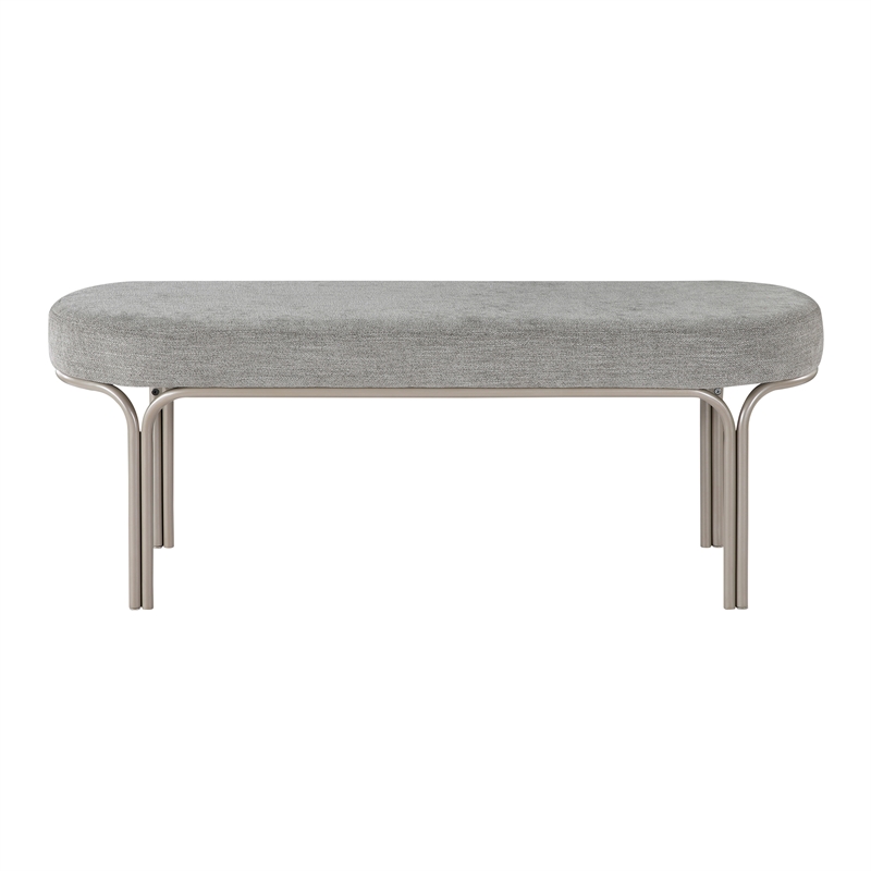 Pemberly Row Chenille Oval Bench with Champagne Metal Legs 300 lbs in Gray