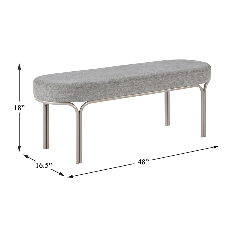 Pemberly Row Chenille Oval Bench with Champagne Metal Legs 300 lbs in Gray