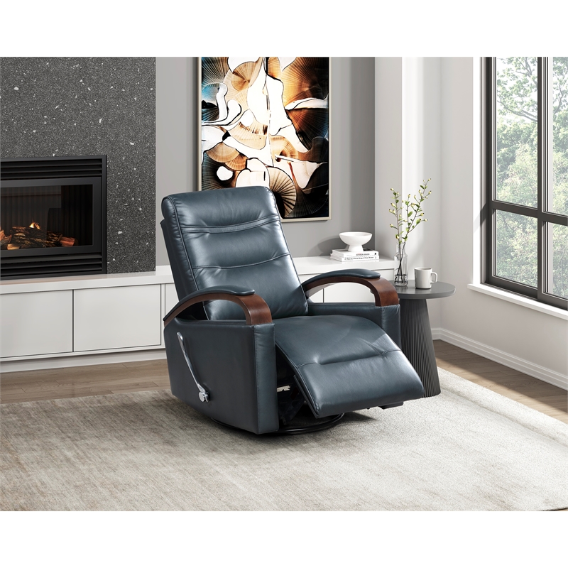 Pemberly Row Faux Leather Swivel Glider Recliner with Wood Arms in Dark Blue