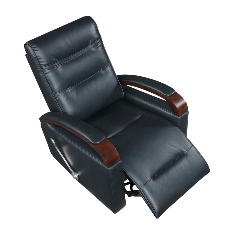 Pemberly Row Faux Leather Swivel Glider Recliner with Wood Arms in Dark Blue
