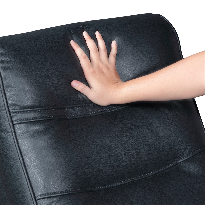 Pemberly Row Faux Leather Swivel Glider Recliner with Wood Arms in Dark Blue