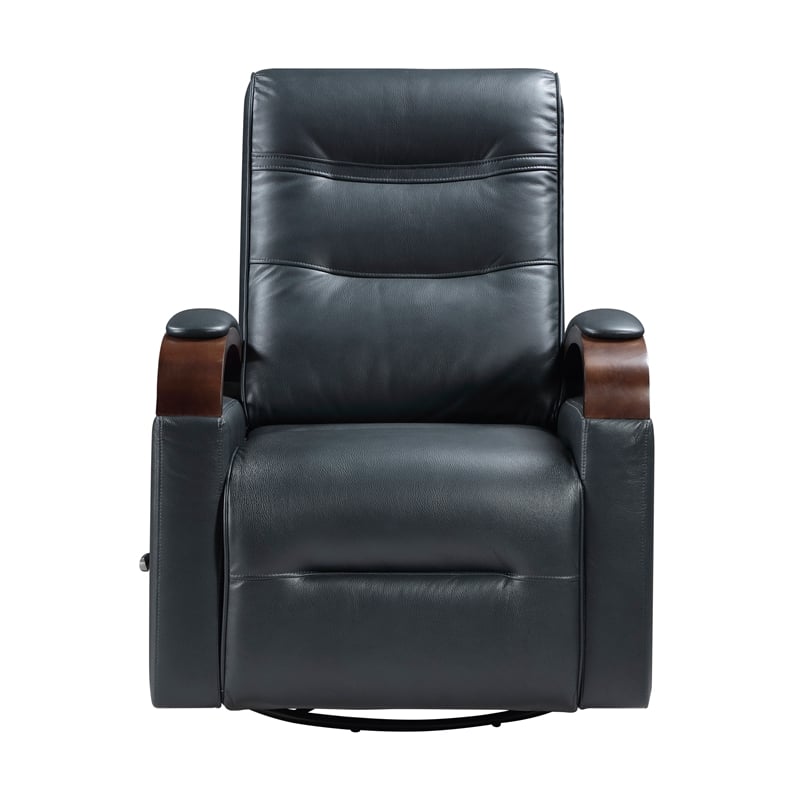 Pemberly Row Faux Leather Swivel Glider Recliner with Wood Arms in Dark Blue