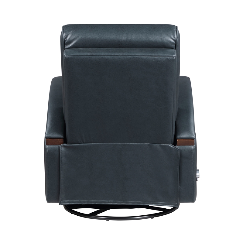 Pemberly Row Faux Leather Swivel Glider Recliner with Wood Arms in Dark Blue