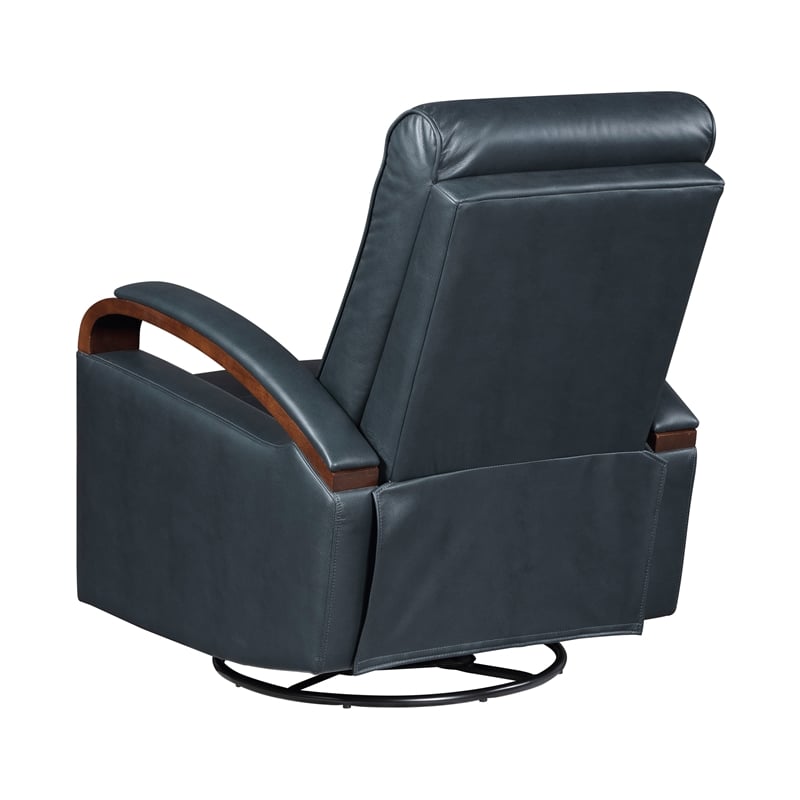 Pemberly Row Faux Leather Swivel Glider Recliner with Wood Arms in Dark Blue