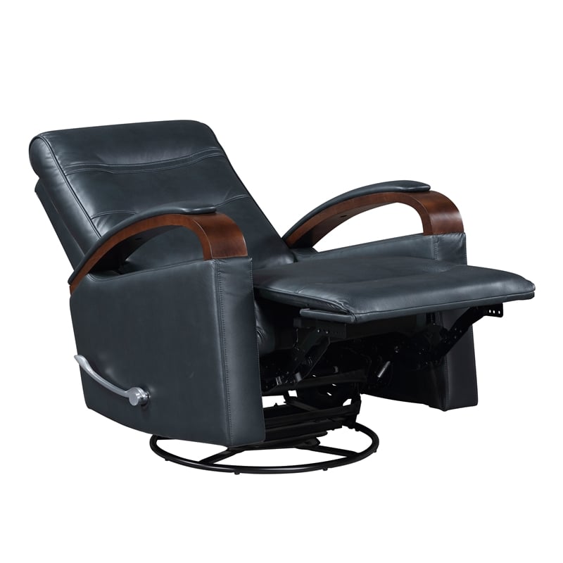 Pemberly Row Faux Leather Swivel Glider Recliner with Wood Arms in Dark Blue