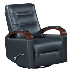 Pemberly Row Faux Leather Swivel Glider Recliner with Wood Arms in Dark Blue
