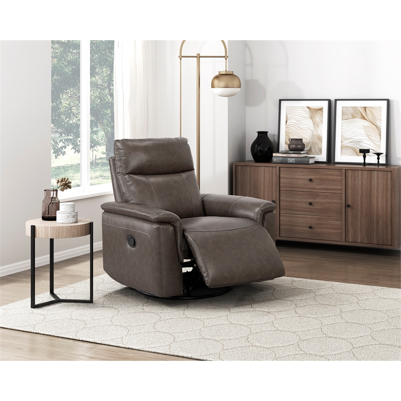 Pemberly Row Top Grain Leather Swivel Glider Recliner 300 lbs in Dark Brown