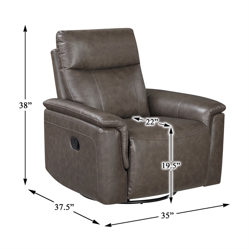 Pemberly Row Top Grain Leather Swivel Glider Recliner 300 lbs in Dark Brown