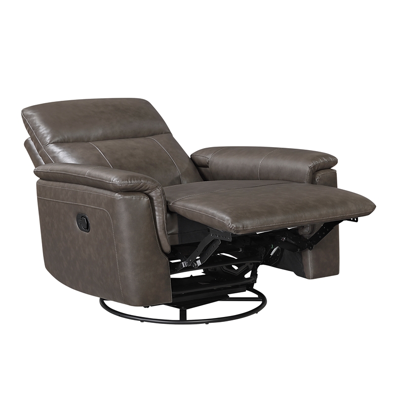Pemberly Row Top Grain Leather Swivel Glider Recliner 300 lbs in Dark Brown