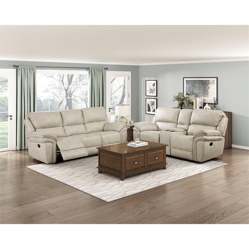 Pemberly Row Microfiber Double Reclining Loveseat with Console 600 lbs in Sand