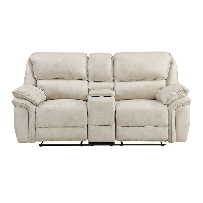 Pemberly Row Microfiber Double Reclining Loveseat with Console 600 lbs in Sand