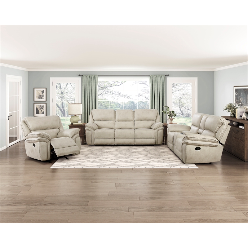 Pemberly Row Microfiber Double Reclining Loveseat with Console 600 lbs in Sand