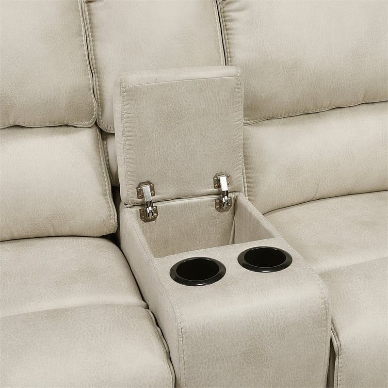 Pemberly Row Microfiber Double Reclining Loveseat with Console 600 lbs in Sand
