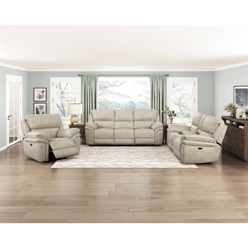 Pemberly Row Microfiber Power Reclining Loveseat with Console USB in Sand