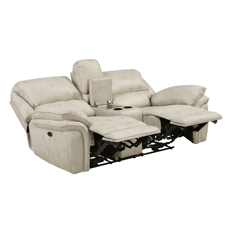 Pemberly Row Microfiber Power Reclining Loveseat with Console USB in Sand