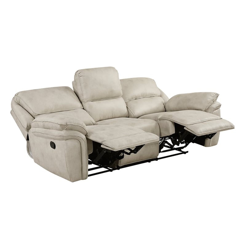 Pemberly Row Polished Microfiber Double Reclining Sofa 900 lbs Total in Sand