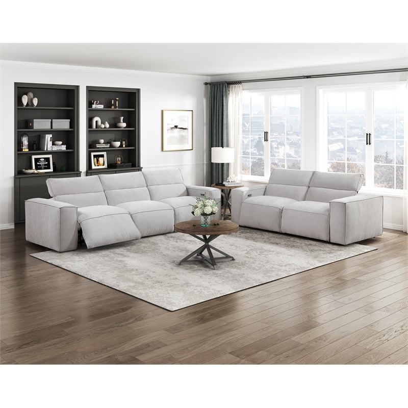 Pemberly Row Power Reclining Sofa with Power Headrests USB in Light Gray