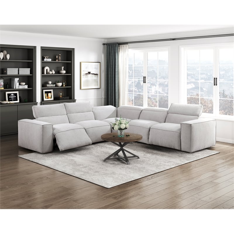 Pemberly Row Microfiber 5-Piece Modular Power Reclining Sectional in Light Gray
