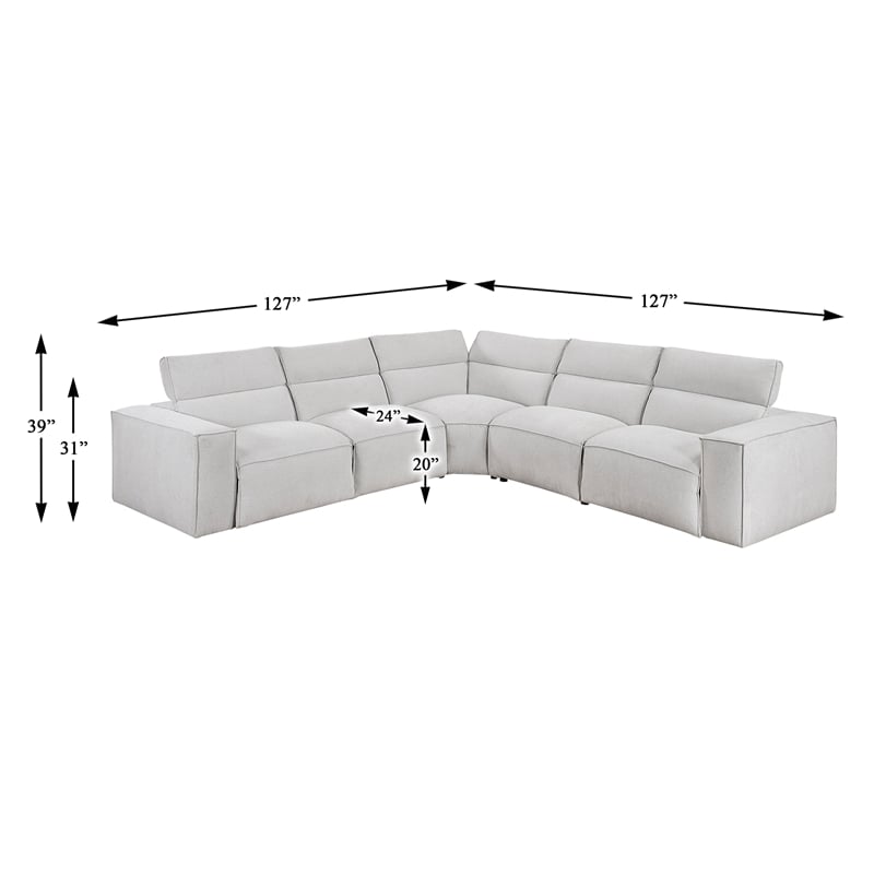 Pemberly Row Microfiber 5-Piece Modular Power Reclining Sectional in Light Gray
